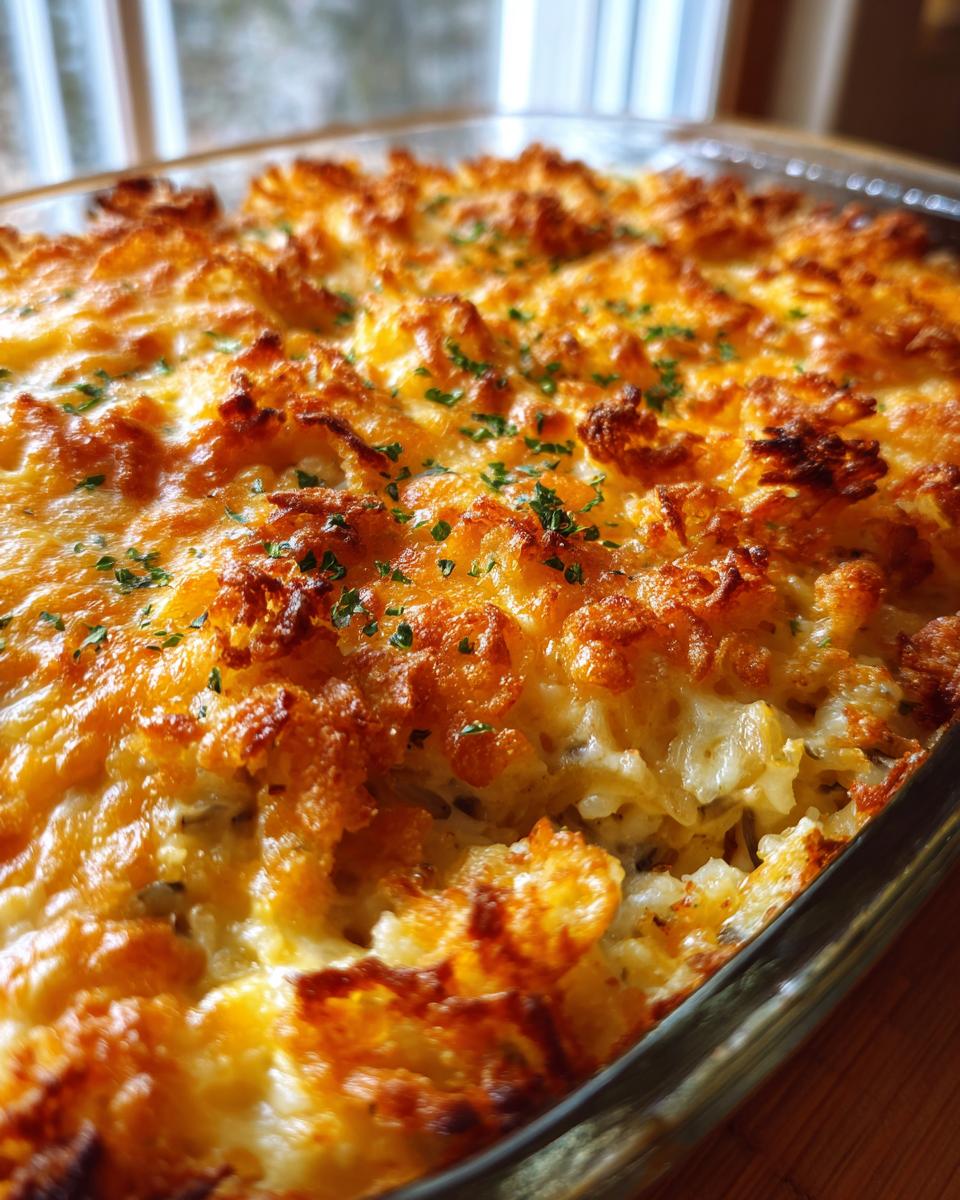 Close-up of a baked chicken wild rice casserole with a bubbly, golden-brown cheesy crust and parsley garnish.