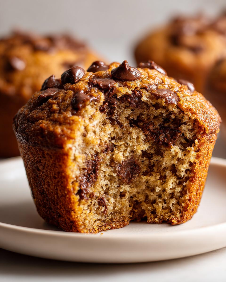 Close-up of a chocolate chip banana muffin with a bite taken out, showing the moist interior and melted chocolate.