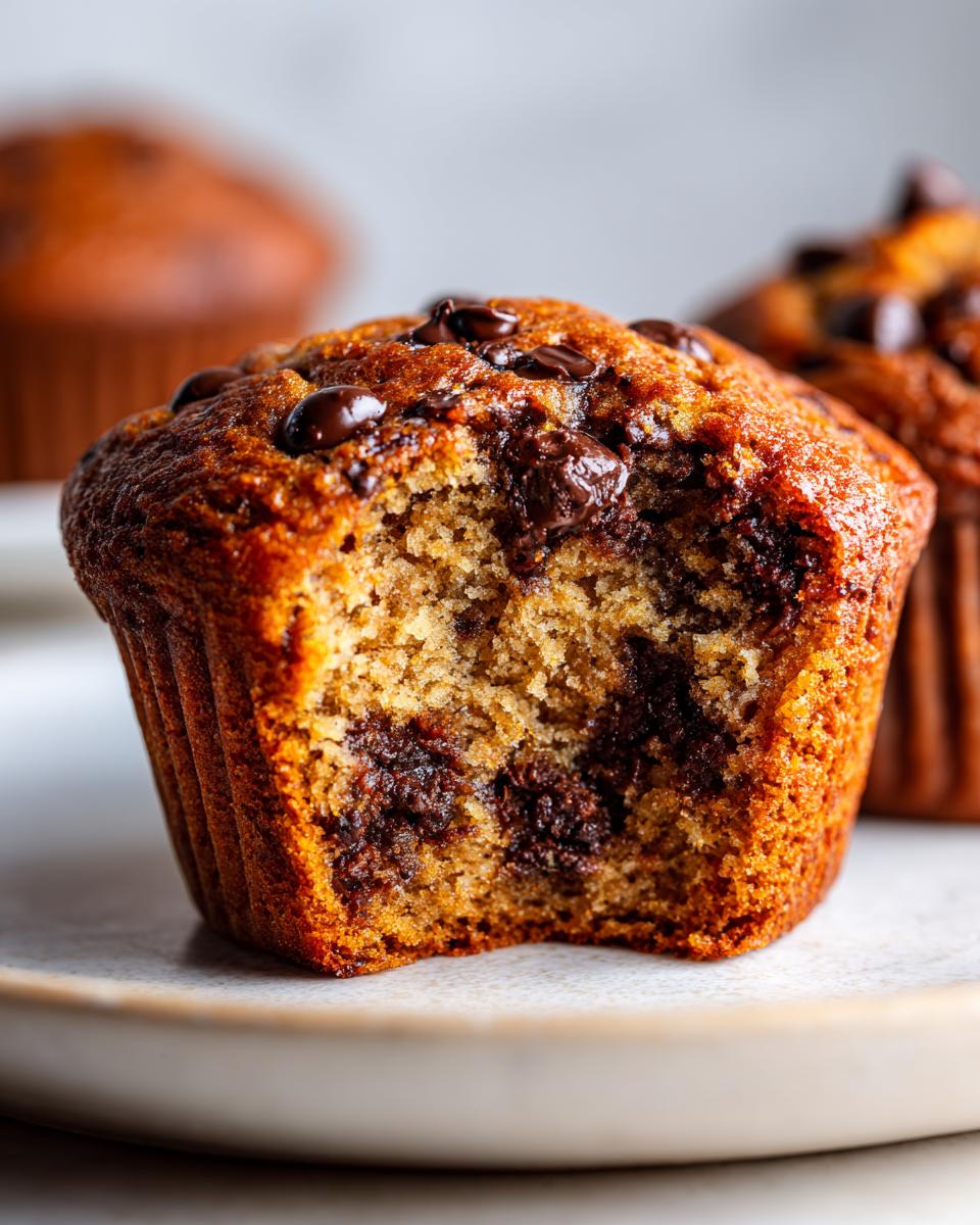 A close-up of a moist chocolate chip banana muffins with a bite taken out, showing the soft interior.