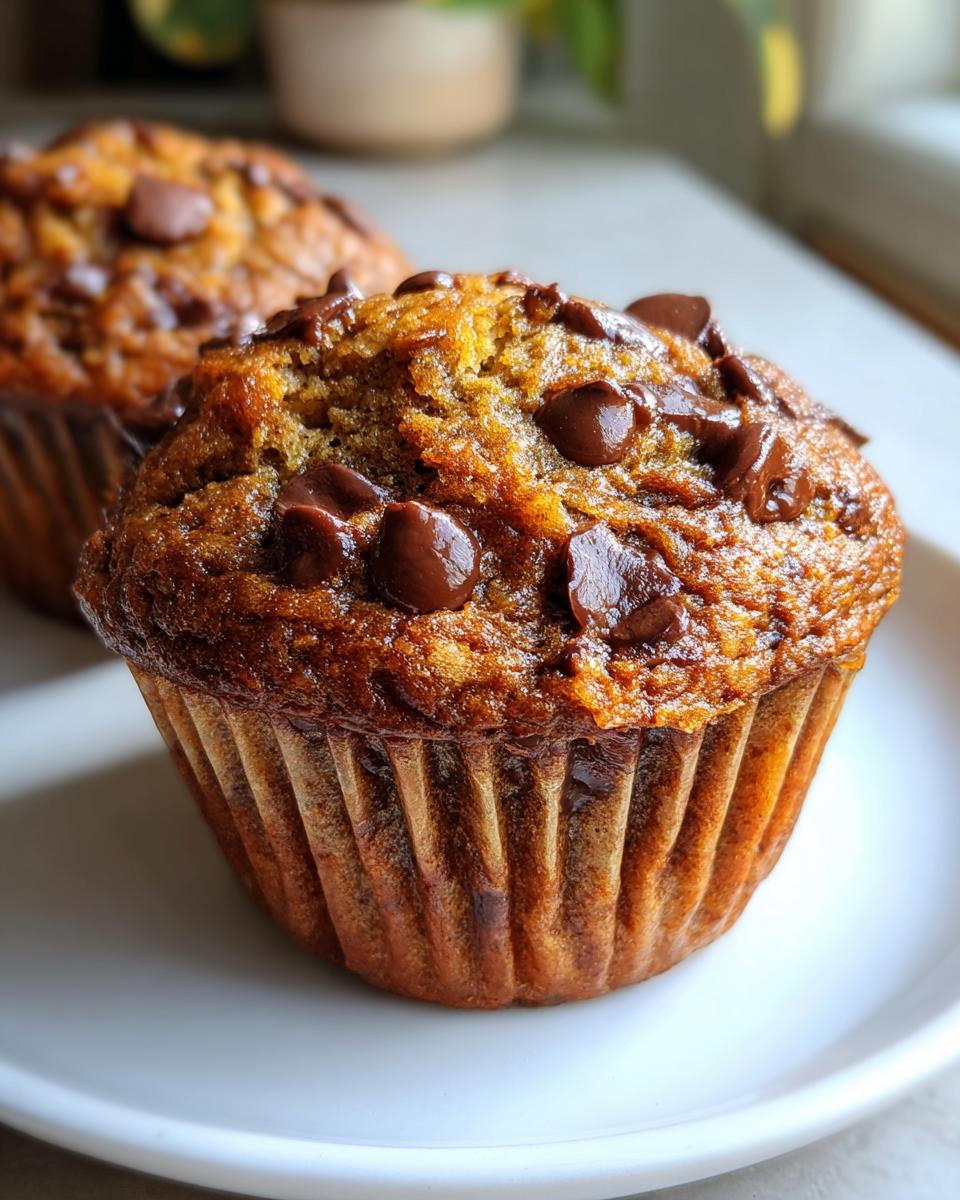 Close-up of a freshly baked, golden brown banana muffin topped with melted chocolate chips.