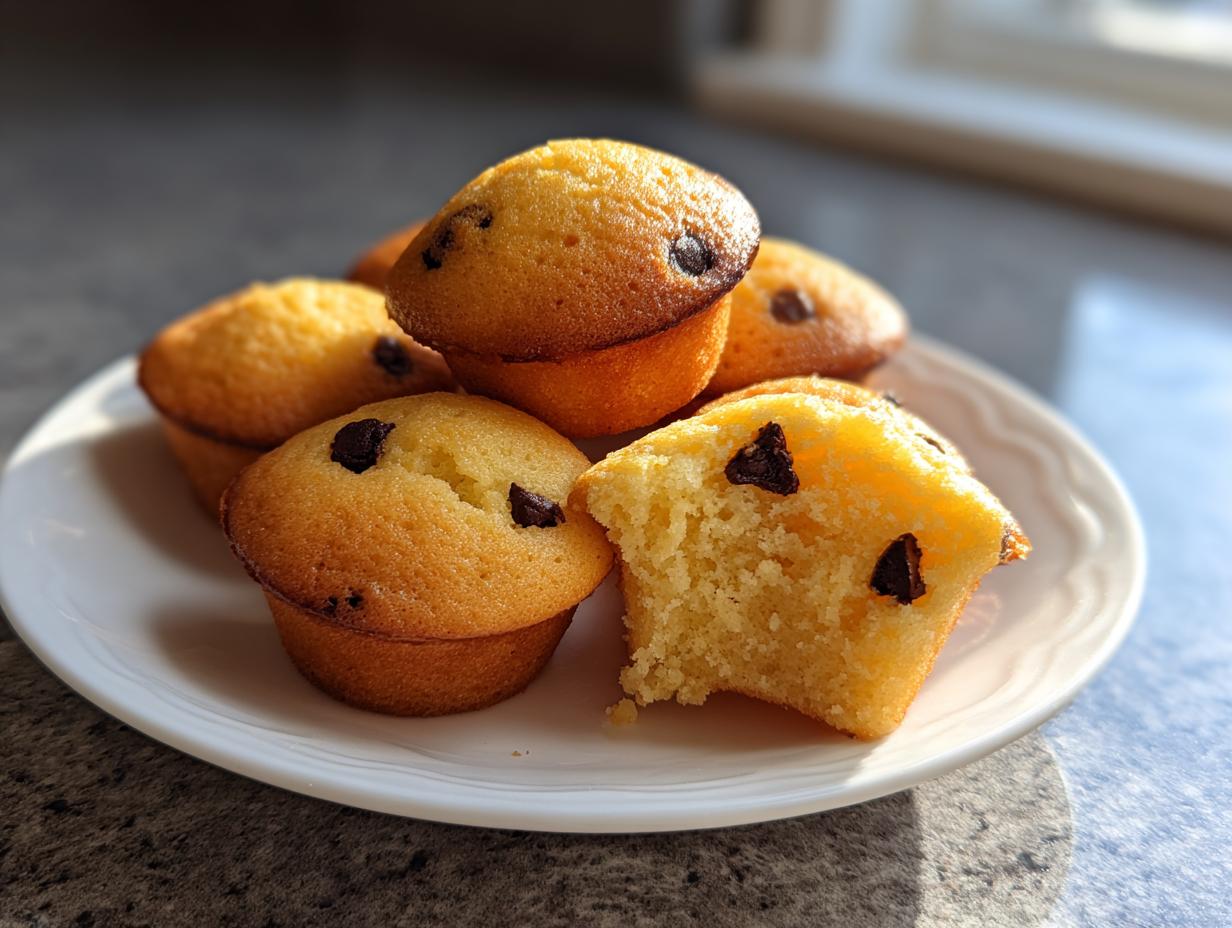 A plate of golden brown chocolate chip pancake muffins, with one muffin broken open showing the fluffy interior.