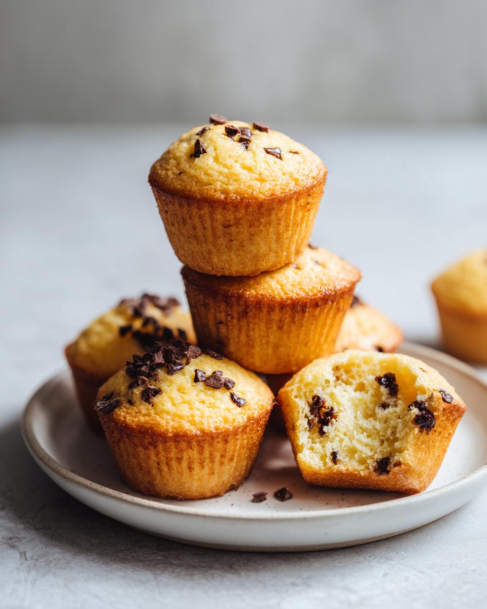 A stack of golden brown chocolate chip pancake muffins, with one muffin bitten into showing the fluffy interior.
