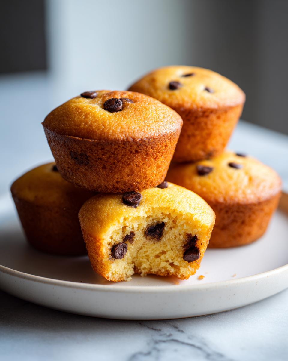 A stack of golden brown chocolate chip pancake muffins, one bitten into, showing the fluffy interior.
