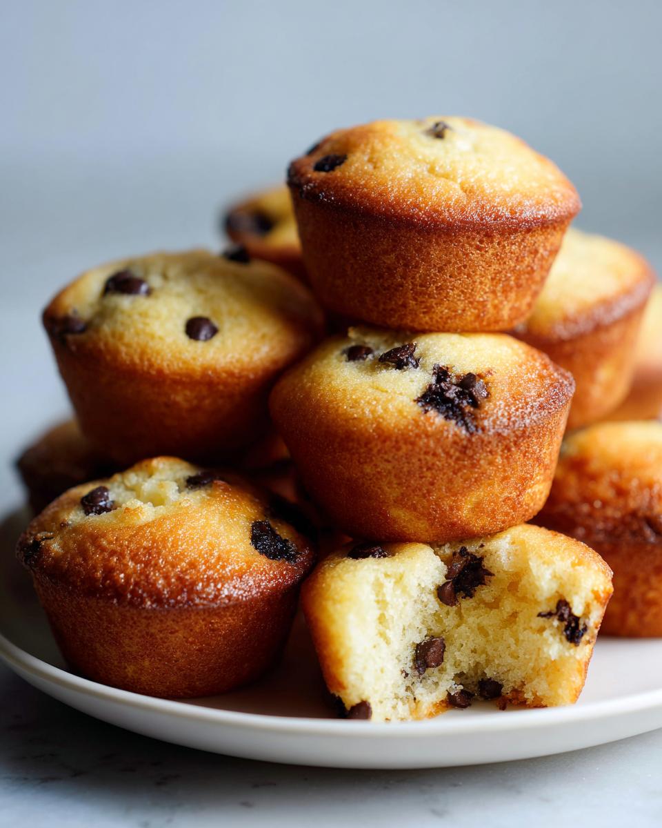 A stack of golden brown chocolate chip pancake muffins, with one muffin bitten into showing the fluffy interior.