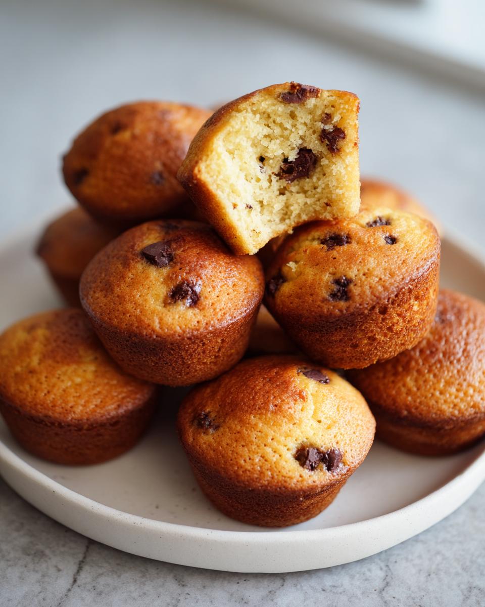 A stack of golden brown chocolate chip pancake muffins, with one muffin broken open showing the fluffy interior.