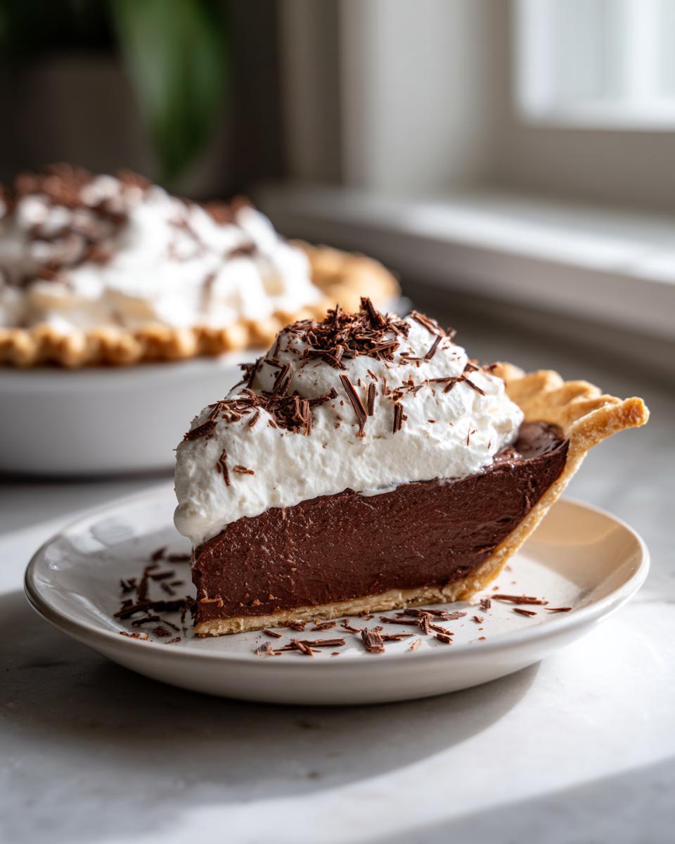 A decadent slice of chocolate cream pie topped with whipped cream and chocolate shavings sits on a small white plate.