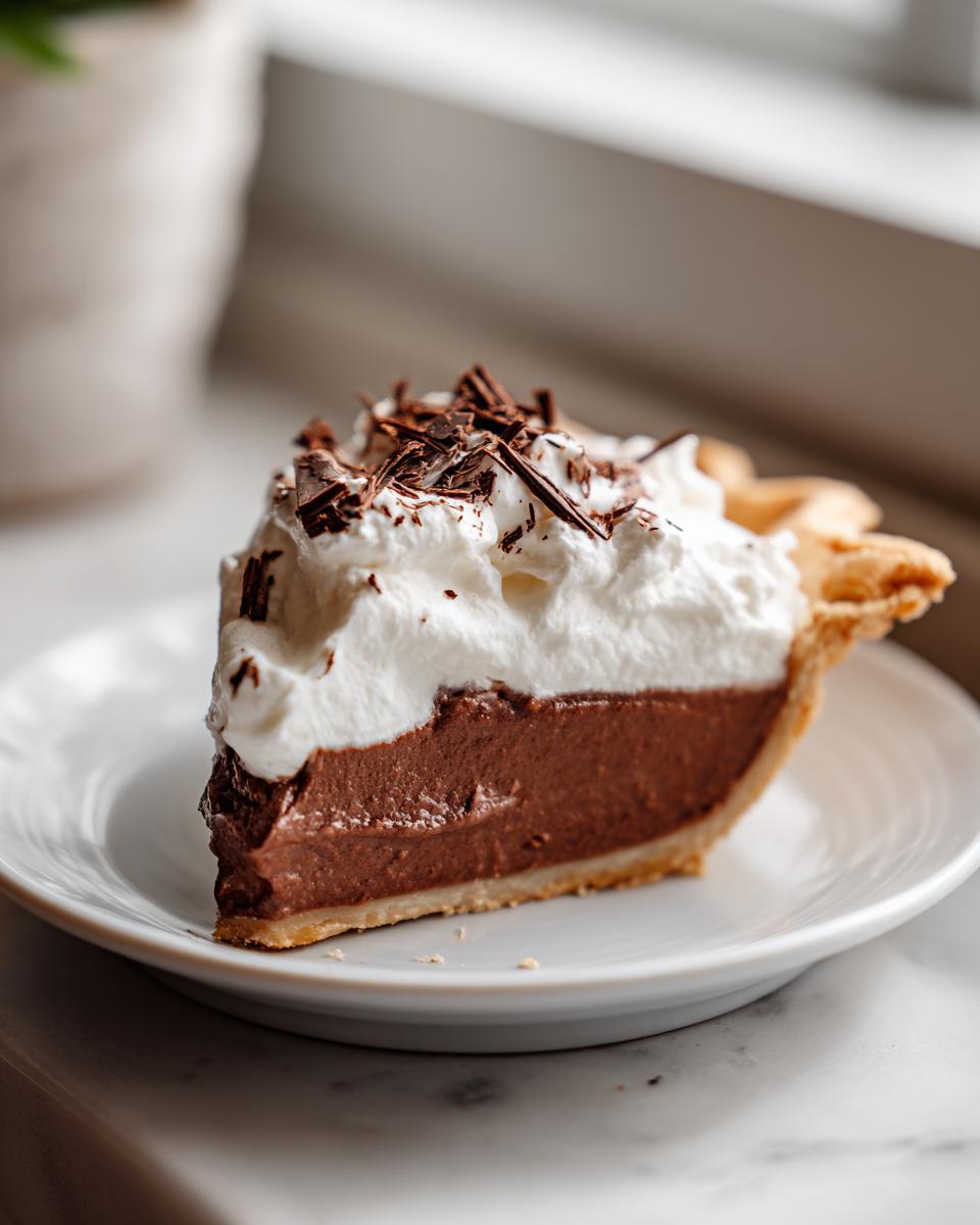 A rich slice of chocolate cream pie topped with fluffy whipped cream and chocolate shavings.