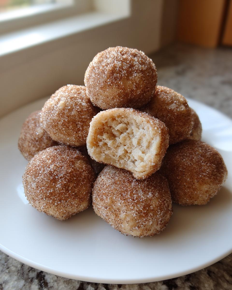 A stack of 135 calorie cinnamon sugar snowball cookies, one broken open showing the soft interior.
