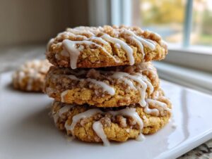 Three stacked coffee cake cookies topped with cinnamon streusel and drizzled with white vanilla icing.