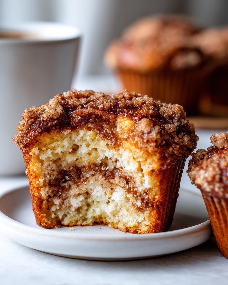 A coffee cake muffin cut in half showing the moist interior and thick cinnamon crumb topping.