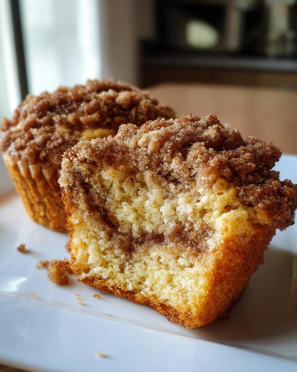 A coffee cake muffin cut in half showing the moist interior and thick cinnamon streusel topping.