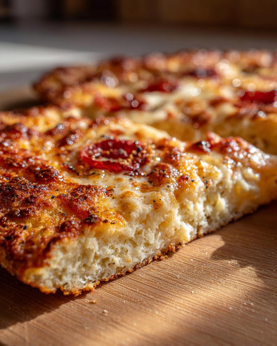 A close-up cross-section view showing the thick, fluffy texture of a baked cottage cheese pizza crust slice.