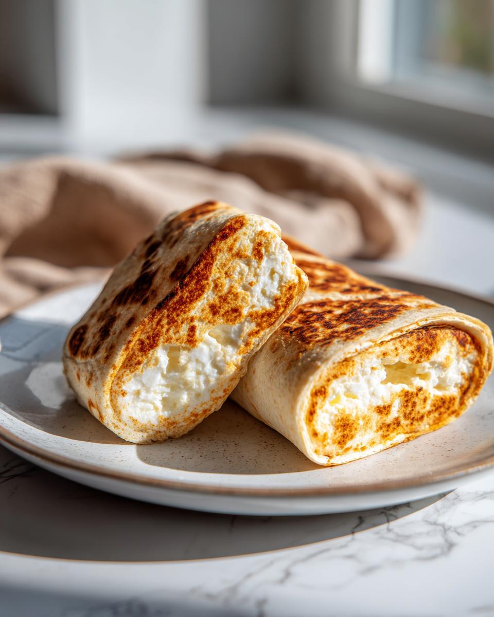 Two halves of a grilled cottage cheese wrap, showing the fluffy white cottage cheese filling inside.