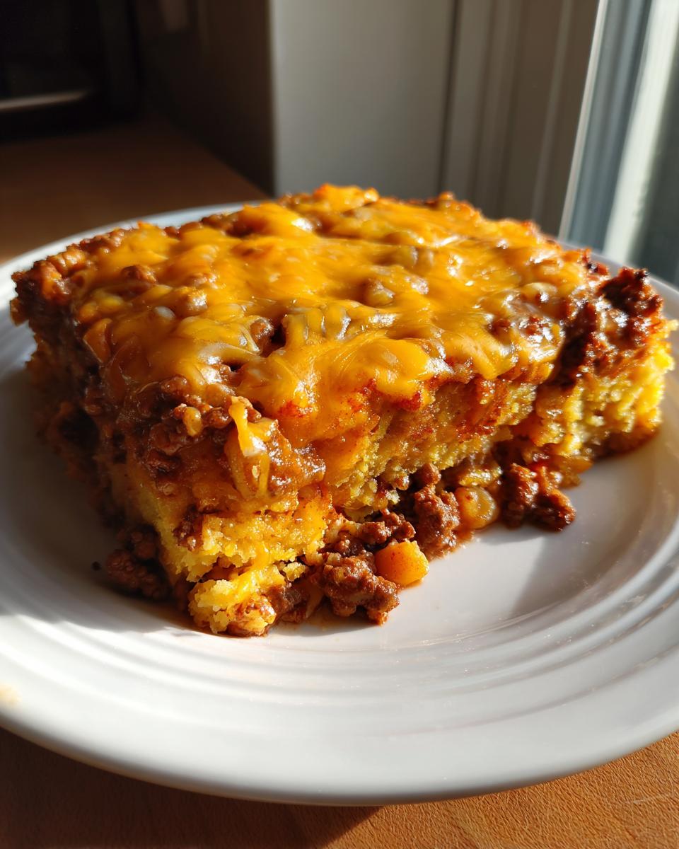 A hearty slice of cowboy cornbread casserole topped with melted cheddar cheese, served on a white plate.