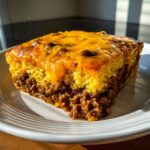A close-up slice of cowboy cornbread casserole showing a thick layer of chili meat topped with melted cheddar cheese.