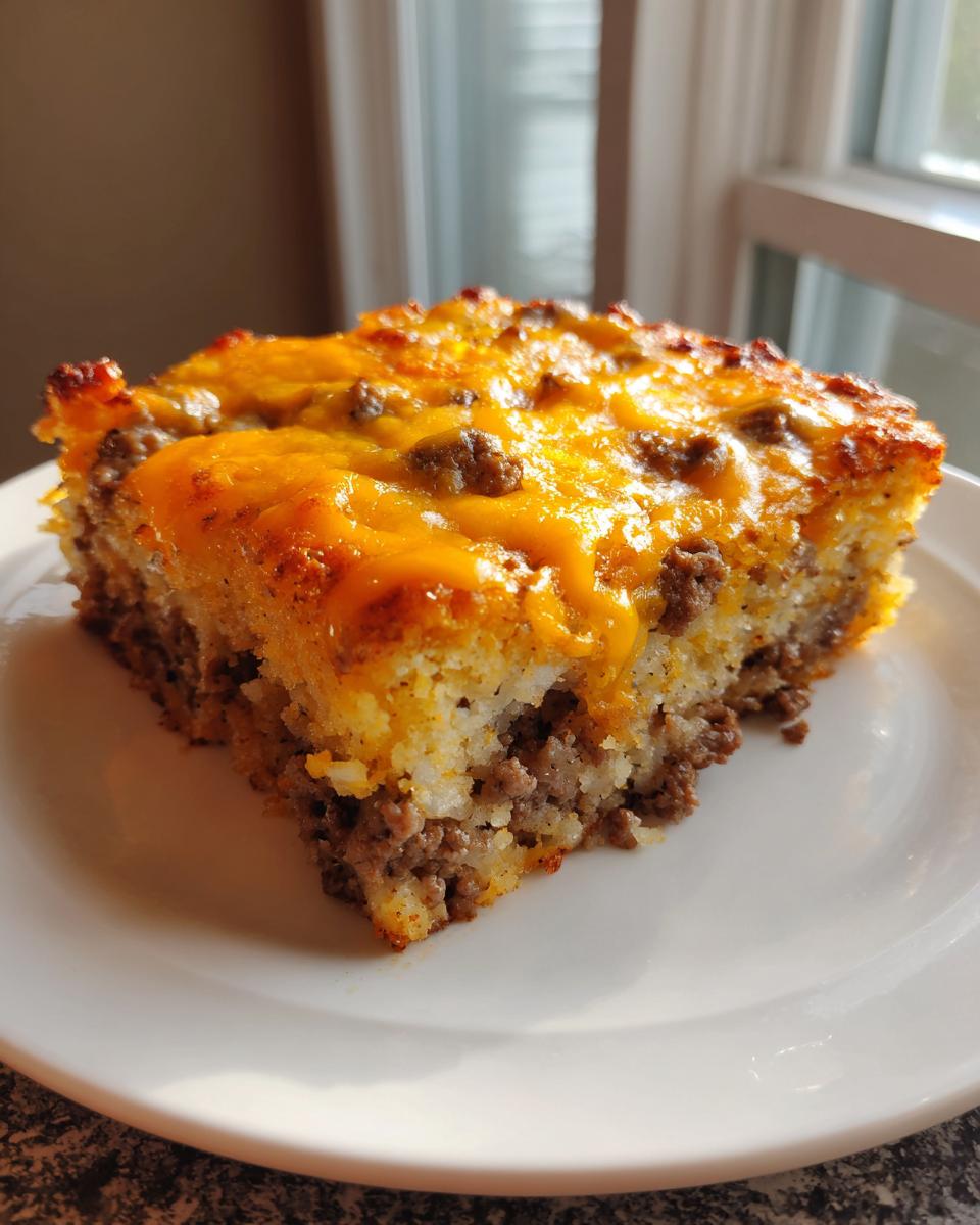 A hearty slice of cowboy cornbread casserole topped with melted cheddar cheese and ground meat.