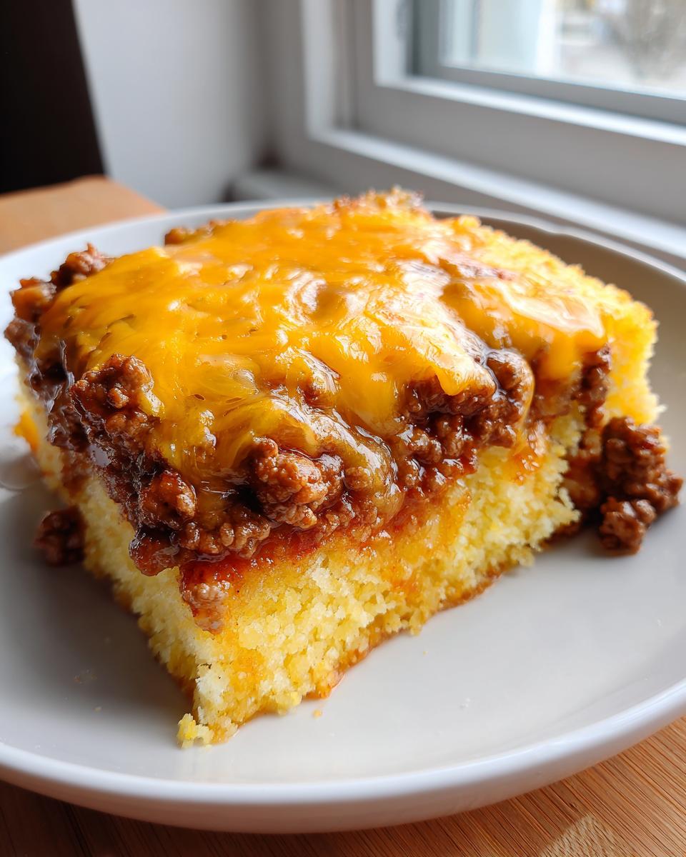 A close-up slice of cowboy cornbread casserole topped with savory ground meat and melted cheddar cheese.