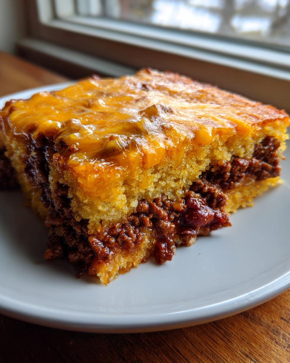 A close-up slice of cowboy cornbread casserole featuring a thick layer of seasoned ground meat filling topped with melted cheddar cheese.