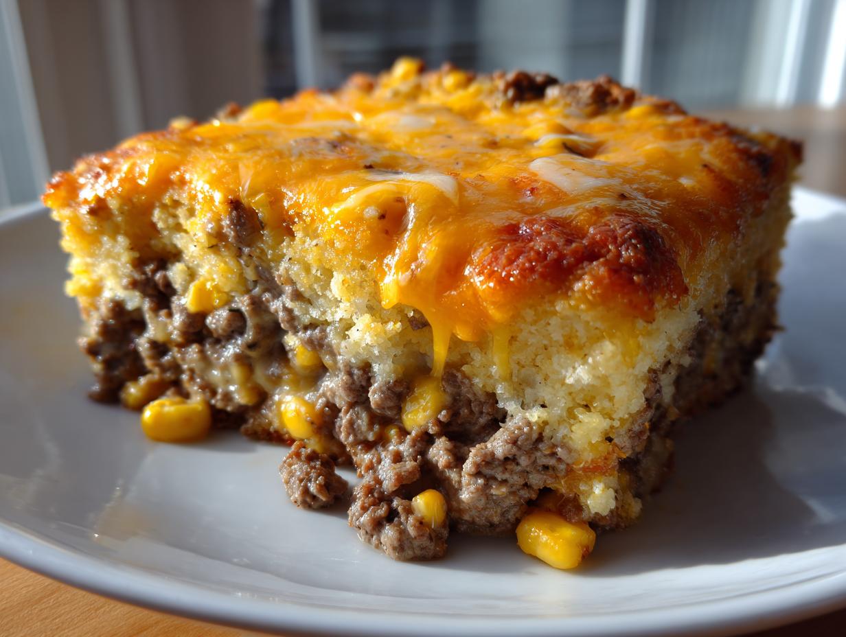 A close-up slice of cowboy cornbread casserole featuring a ground meat and corn filling topped with melted cheddar cheese.
