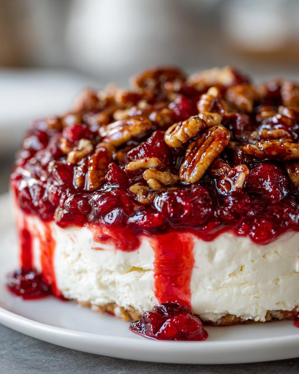 Close-up of a rich cranberry cream cheese dip topped with glazed pecans and dripping cranberry sauce.
