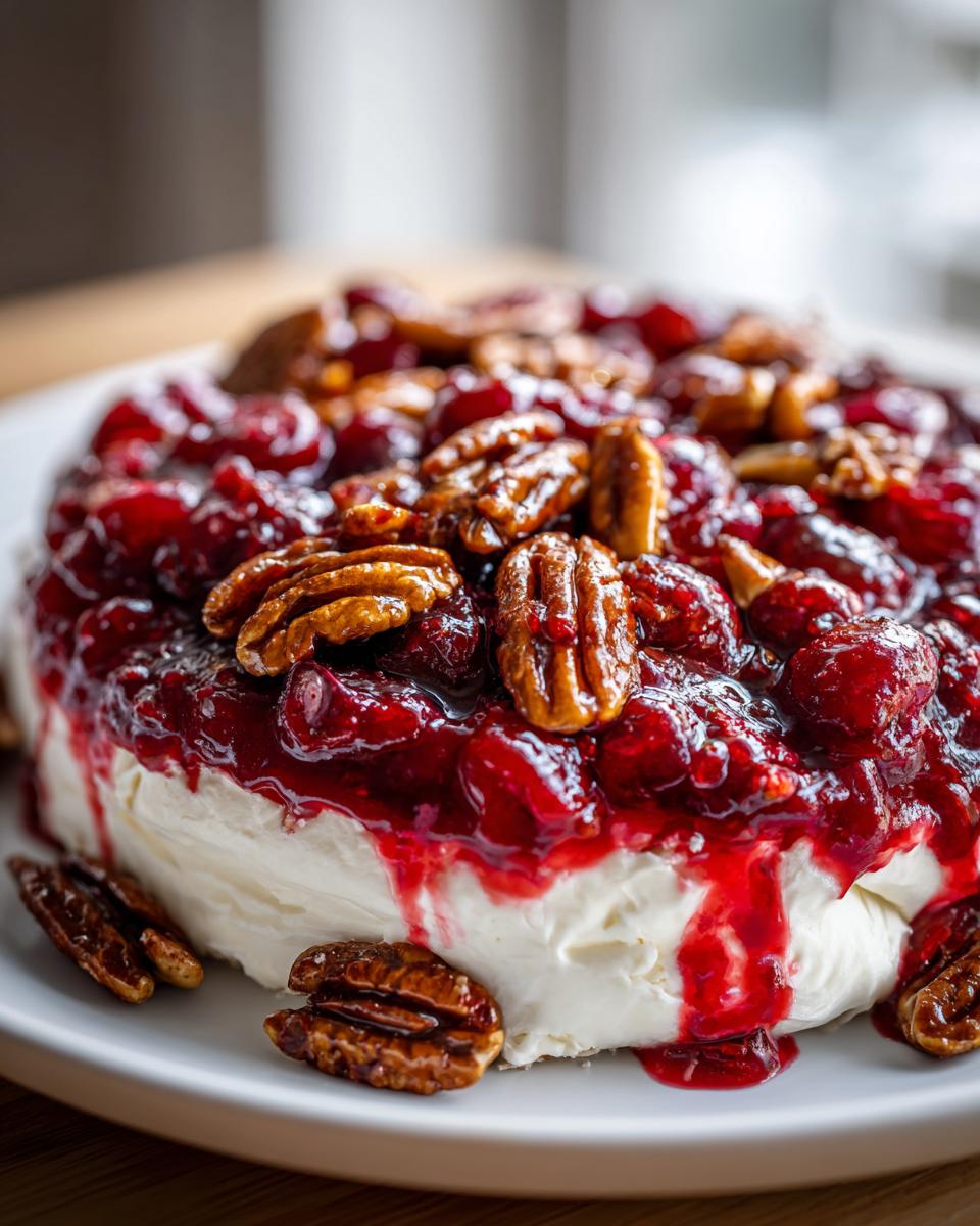 A close-up of a mound of cranberry cream cheese dip topped with glossy cranberry sauce and candied pecans.