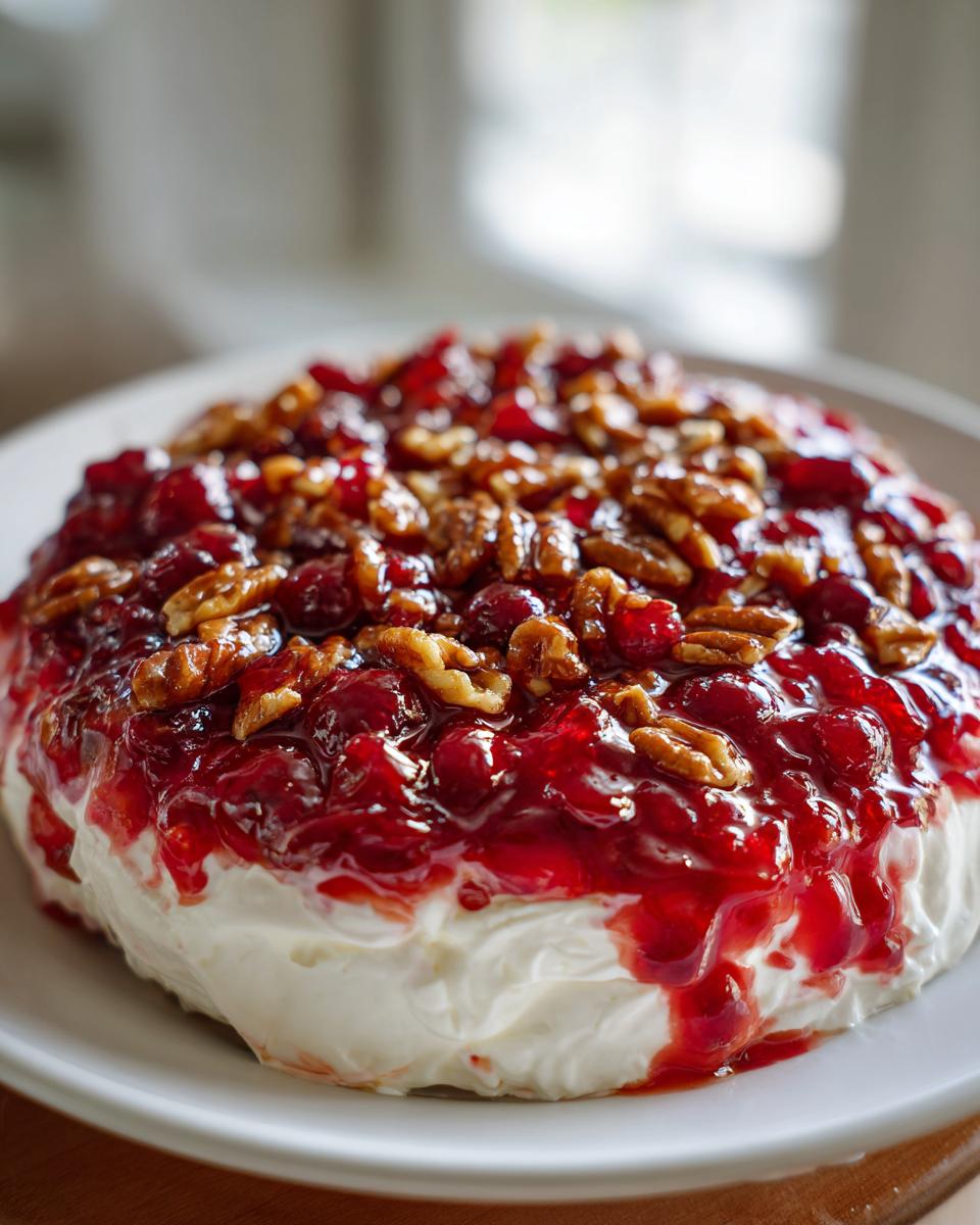 A round serving of cranberry cream cheese dip topped with glossy cranberry sauce and toasted pecans.
