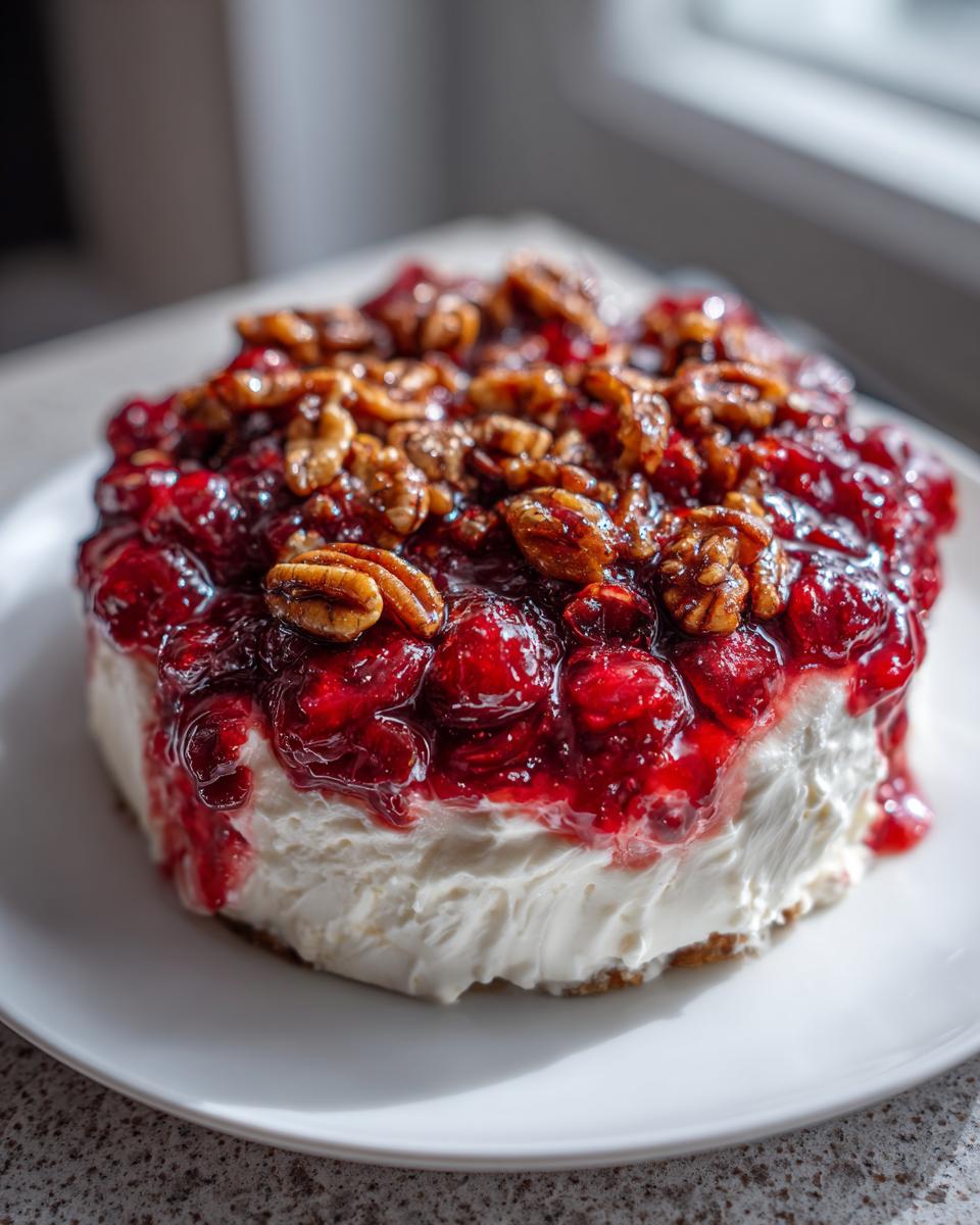 A round serving of cranberry cream cheese dip topped with glossy cranberry sauce and candied pecans.