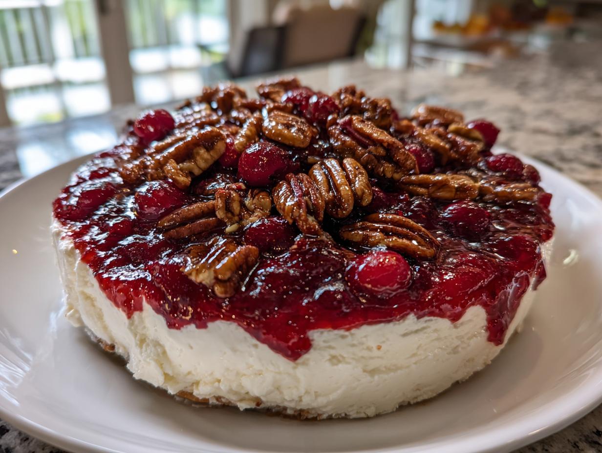 A round cranberry cream cheese dip topped with glistening cranberry sauce and candied pecans.