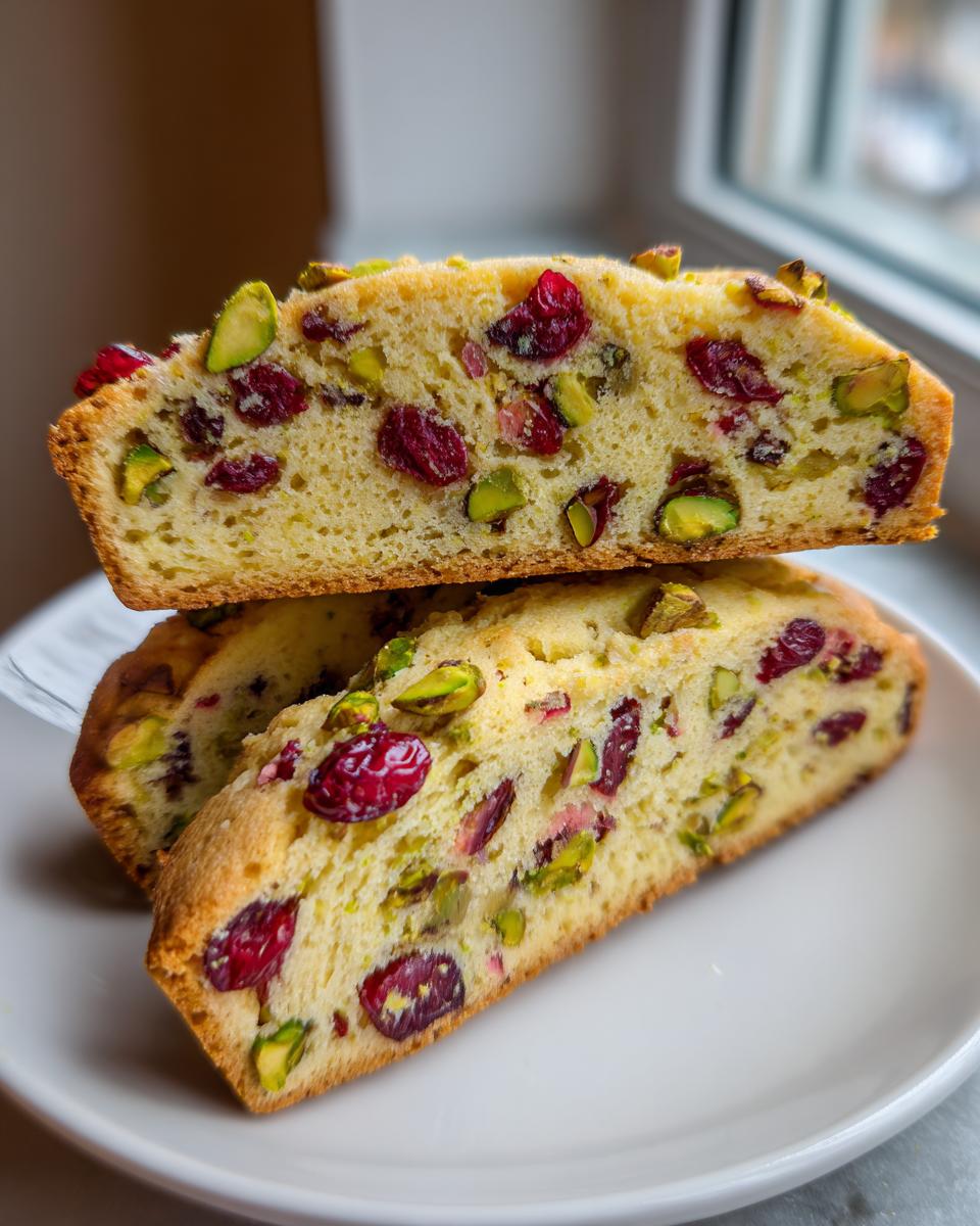 Close-up of two slices of cranberry pistachio biscotti stacked on a white plate, showing the interior texture.