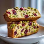 Two stacked slices of golden cranberry pistachio biscotti showing visible dried cranberries and bright green pistachio pieces.