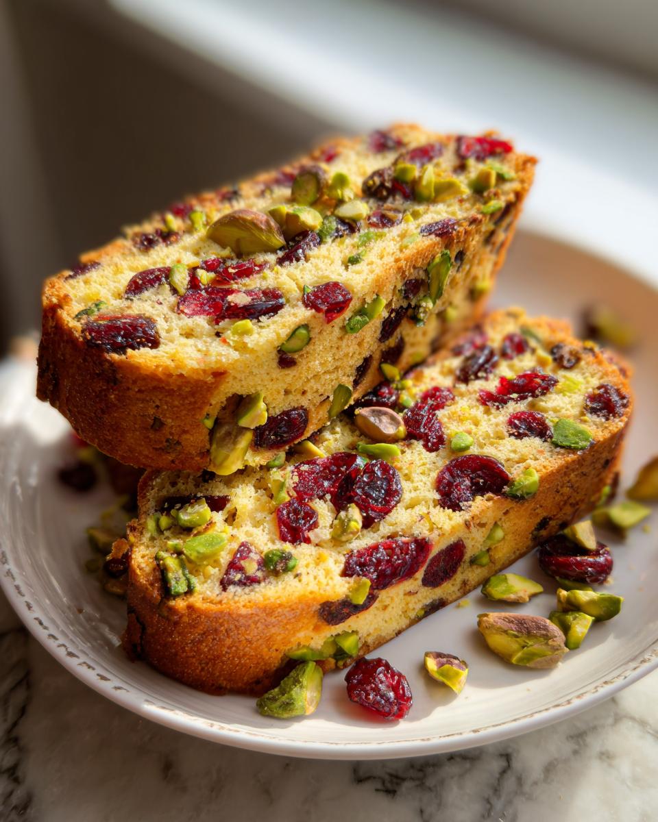 Two thick slices of golden cranberry pistachio biscotti stacked on a white plate, studded with red dried cranberries and green pistachios.