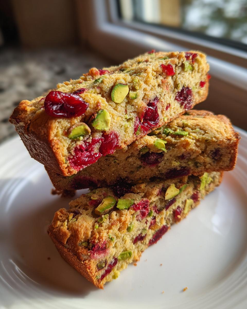 Three thick slices of cranberry pistachio biscotti stacked on a white plate, showing visible dried cranberries and green pistachios.