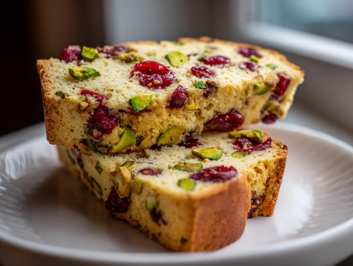 Two thick slices of homemade cranberry pistachio biscotti stacked on a white plate, showing vibrant red cranberries and green pistachios.