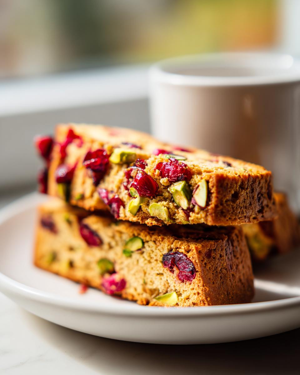 Two stacked slices of golden cranberry pistachio biscotti featuring visible dried cranberries and green pistachios, next to a mug.