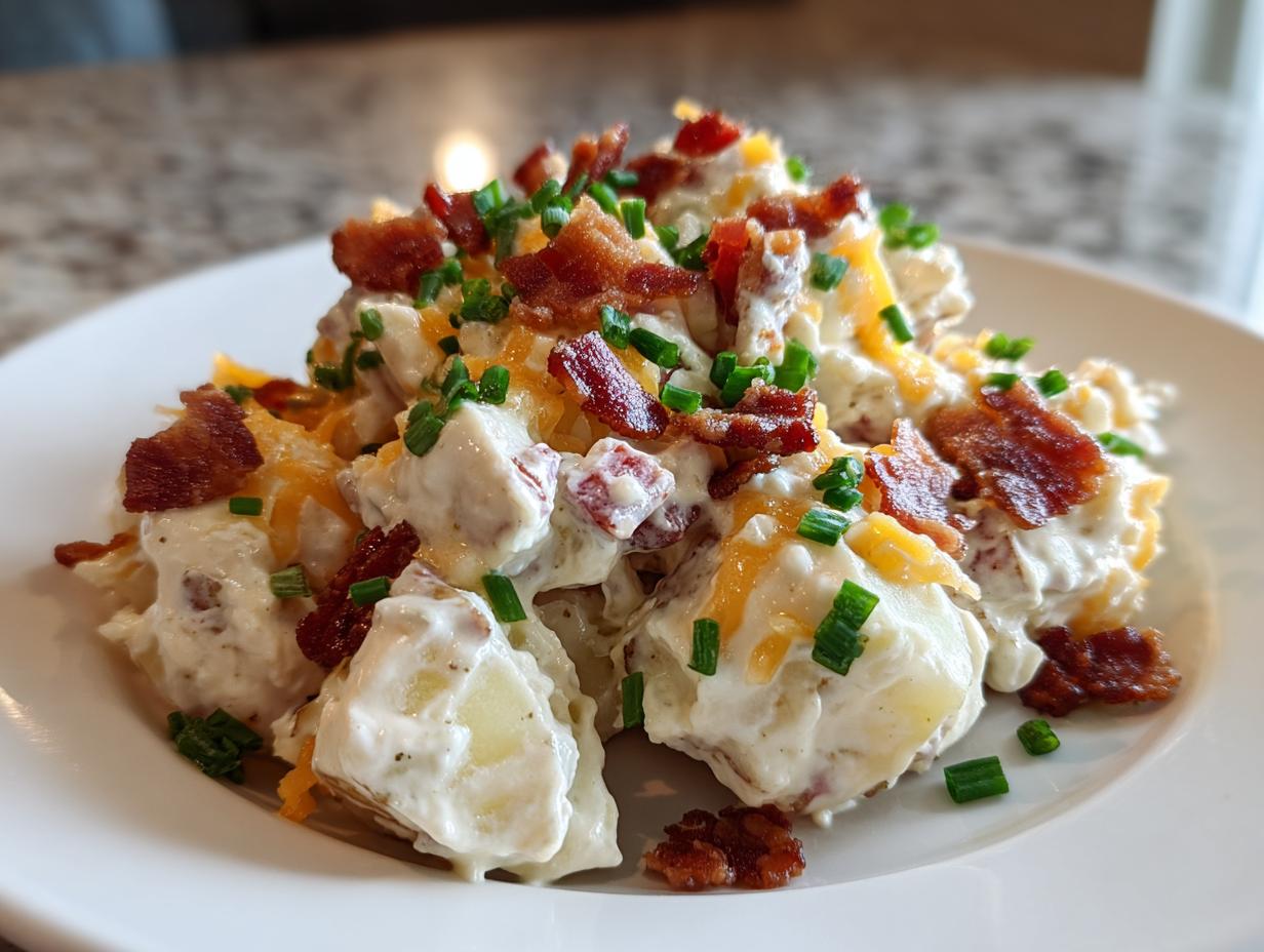 Close-up of creamy baked potato salad topped with crispy bacon, shredded cheddar cheese, and fresh chives.