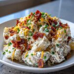 A close-up of creamy baked potato salad topped generously with bacon bits, shredded cheddar cheese, and fresh chives.