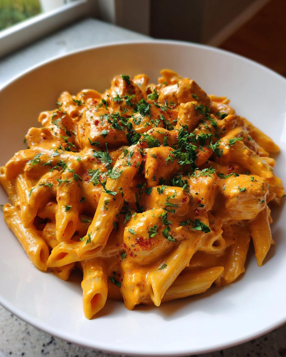 A close-up of creamy, orange-sauced cajun chicken pasta (penne) garnished with parsley.