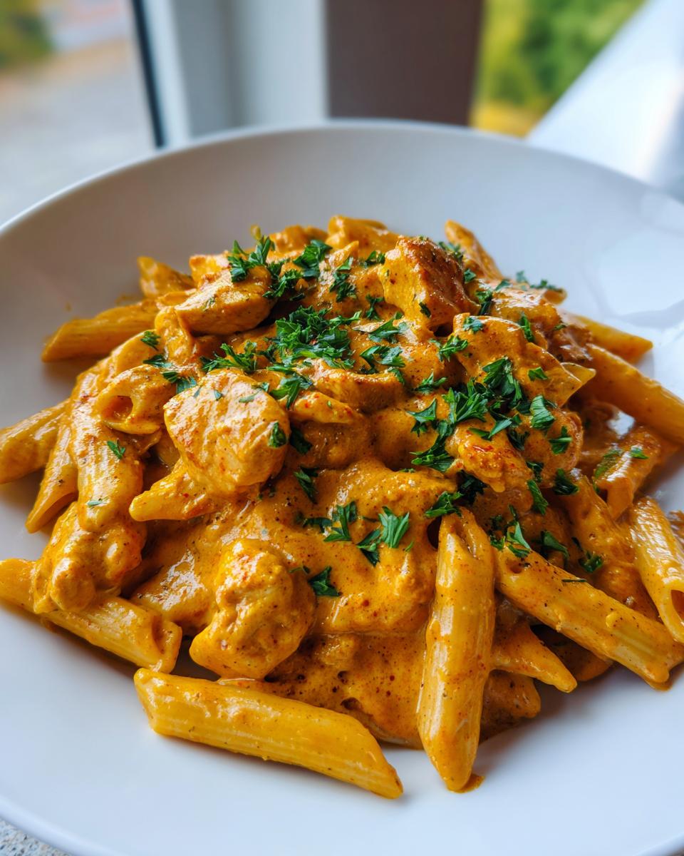 Close-up of creamy cajun chicken pasta with penne, rich orange sauce, and fresh parsley garnish.