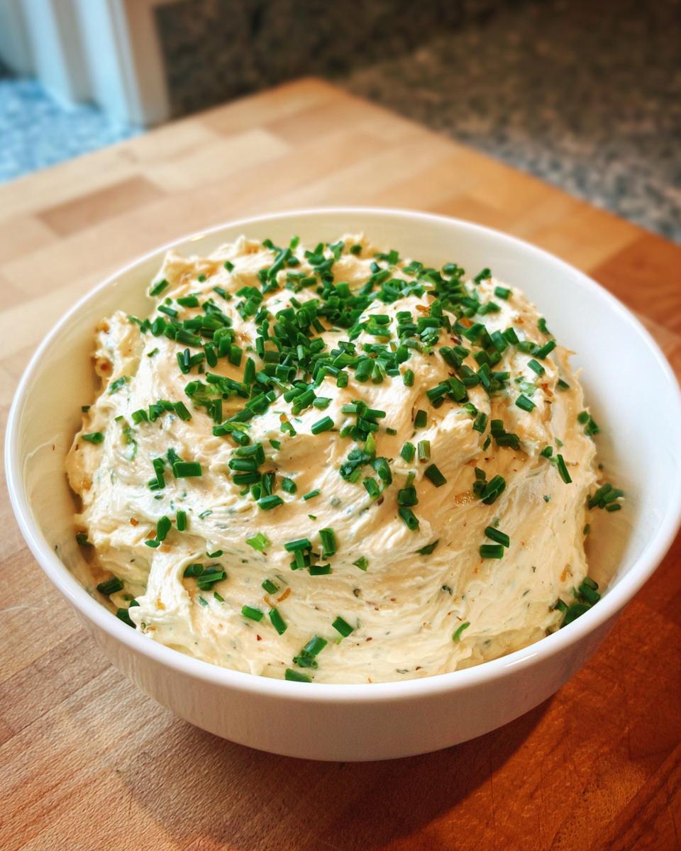 A white bowl filled with creamy caramelized onion dip, generously garnished with fresh chopped chives.