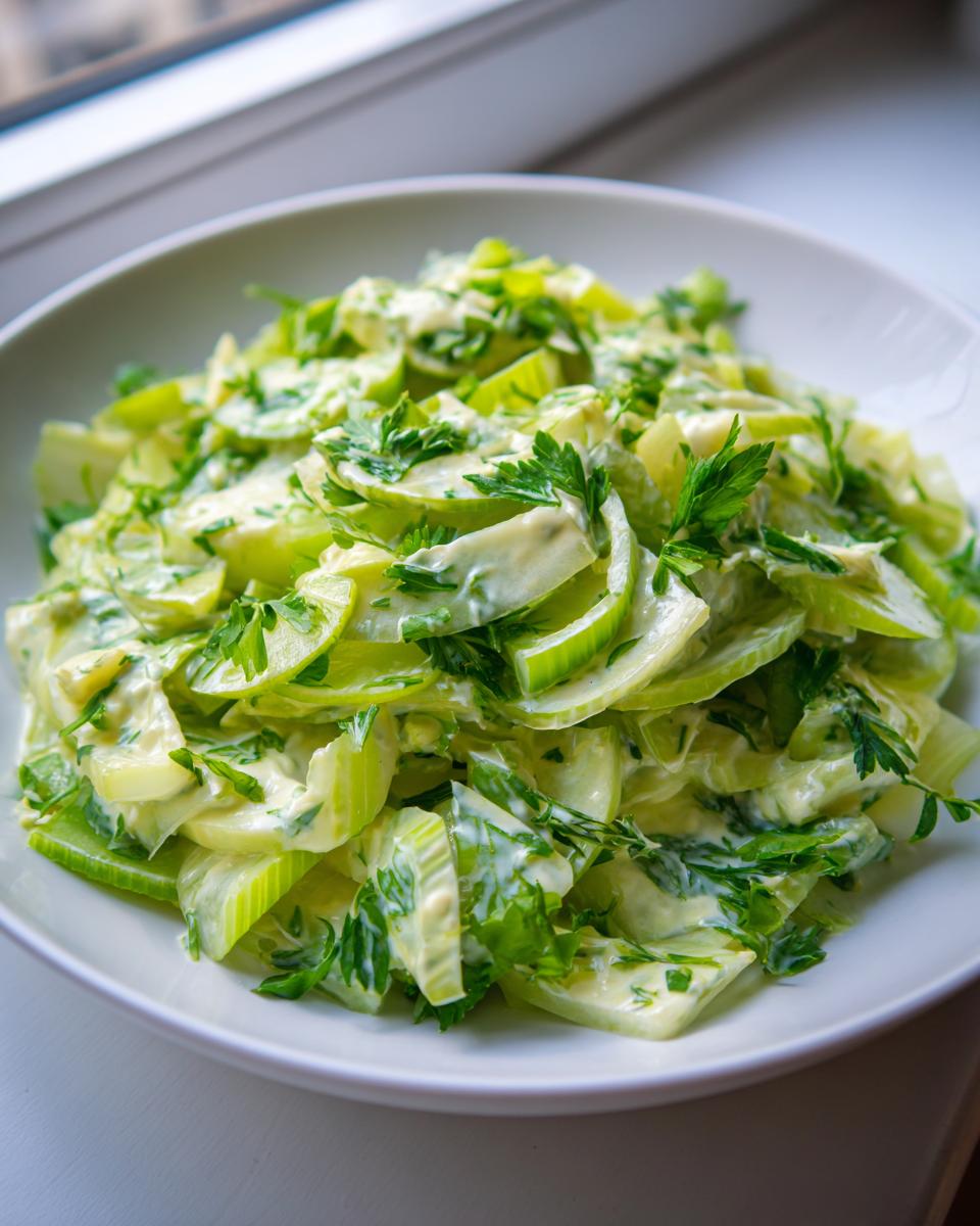 A close-up of a bright green celery salad tossed in a creamy dressing and topped with fresh parsley.