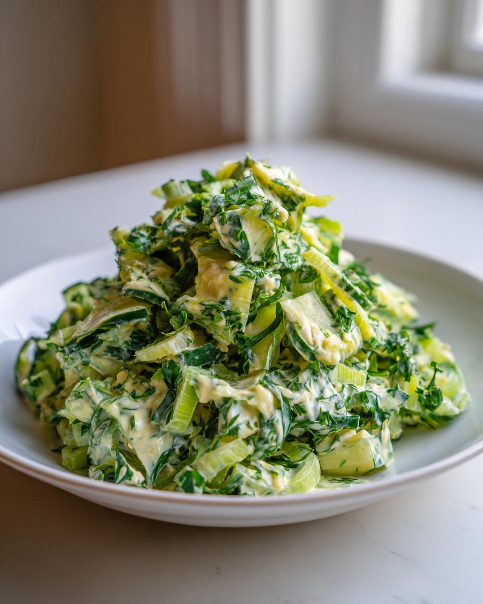 A mound of creamy celery salad tossed with fresh green herbs, served in a white bowl.