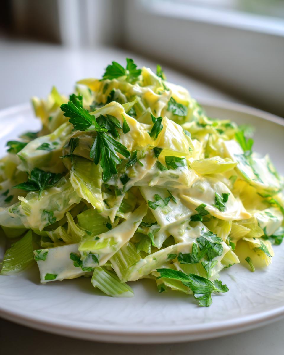 Close-up of a creamy celery salad tossed in a light dressing and topped with fresh parsley.