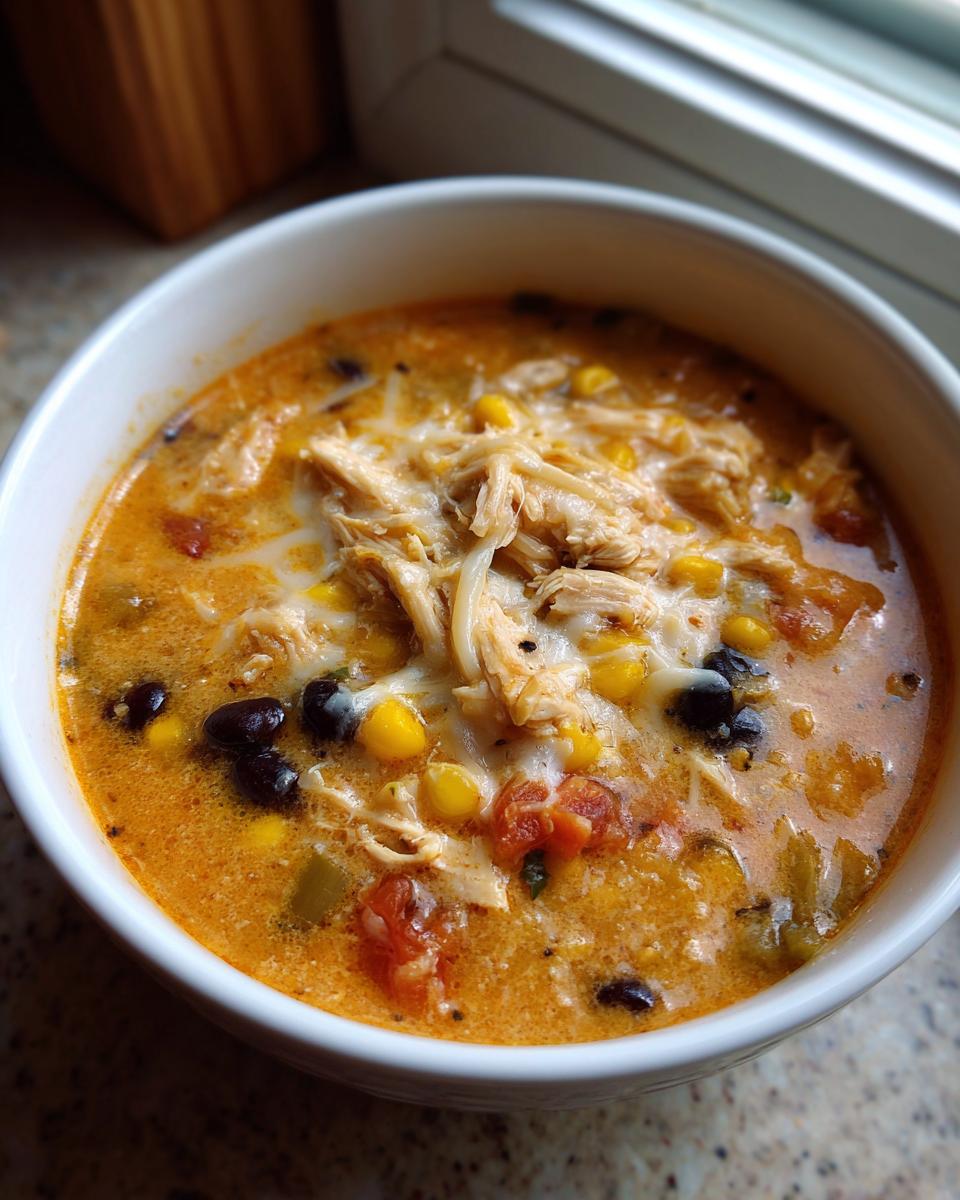 Close-up of creamy chicken taco soup topped with shredded chicken, melted cheese, black beans, and corn.