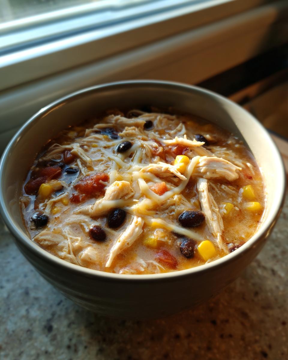 Close-up of a bowl of creamy chicken taco soup topped with shredded cheese, black beans, corn, and tomatoes.