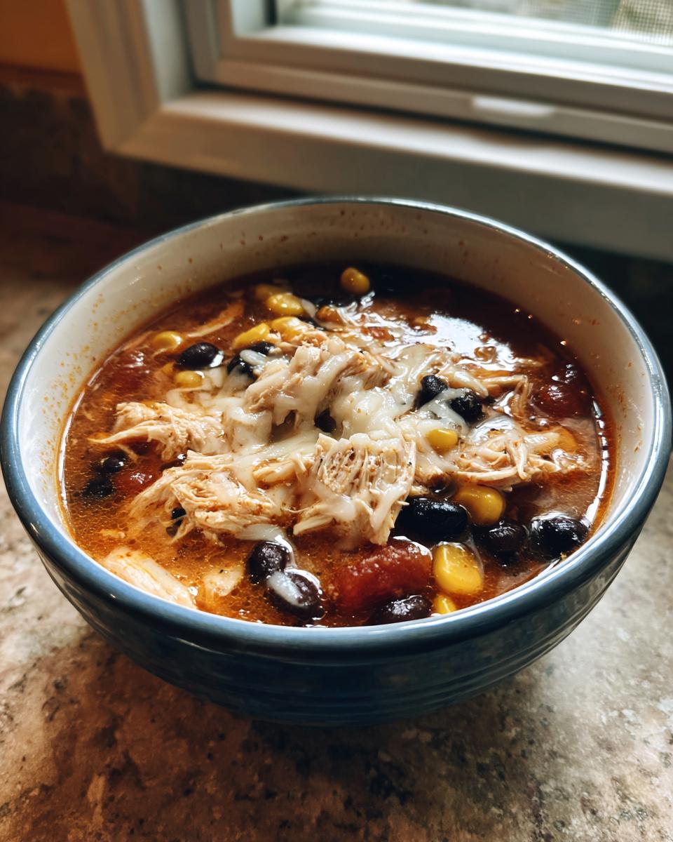 A close-up of a bowl of creamy chicken taco soup topped with shredded chicken, black beans, corn, and melted white cheese.