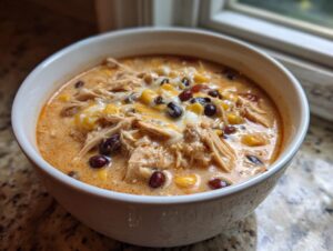 A close-up of creamy chicken taco soup topped with shredded chicken, black beans, corn, and melted cheese.