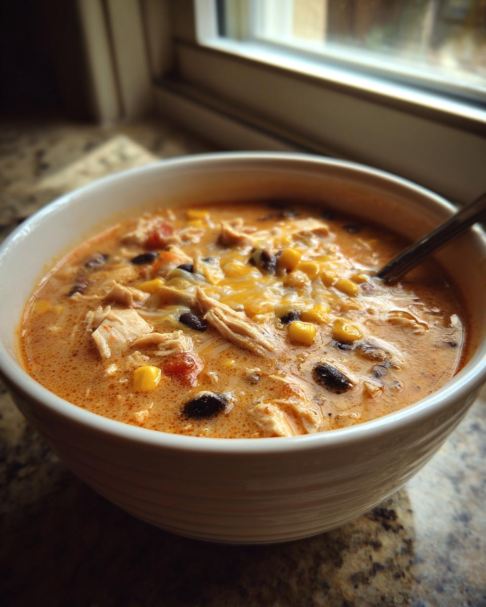 Close-up of a bowl of creamy chicken taco soup topped with melted cheese, corn, and black beans.
