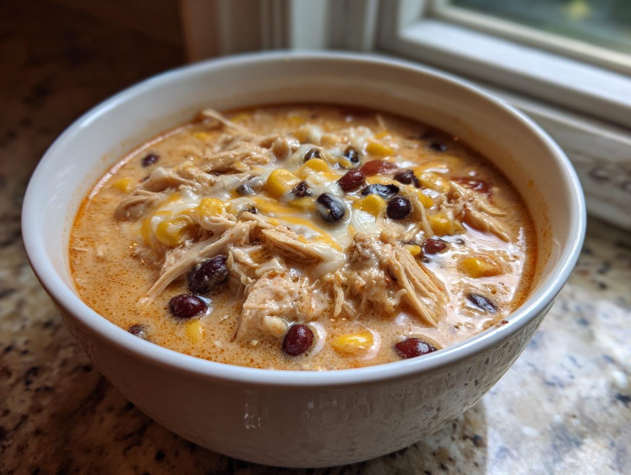 A close-up of creamy chicken taco soup topped with shredded chicken, black beans, corn, and melted cheese.