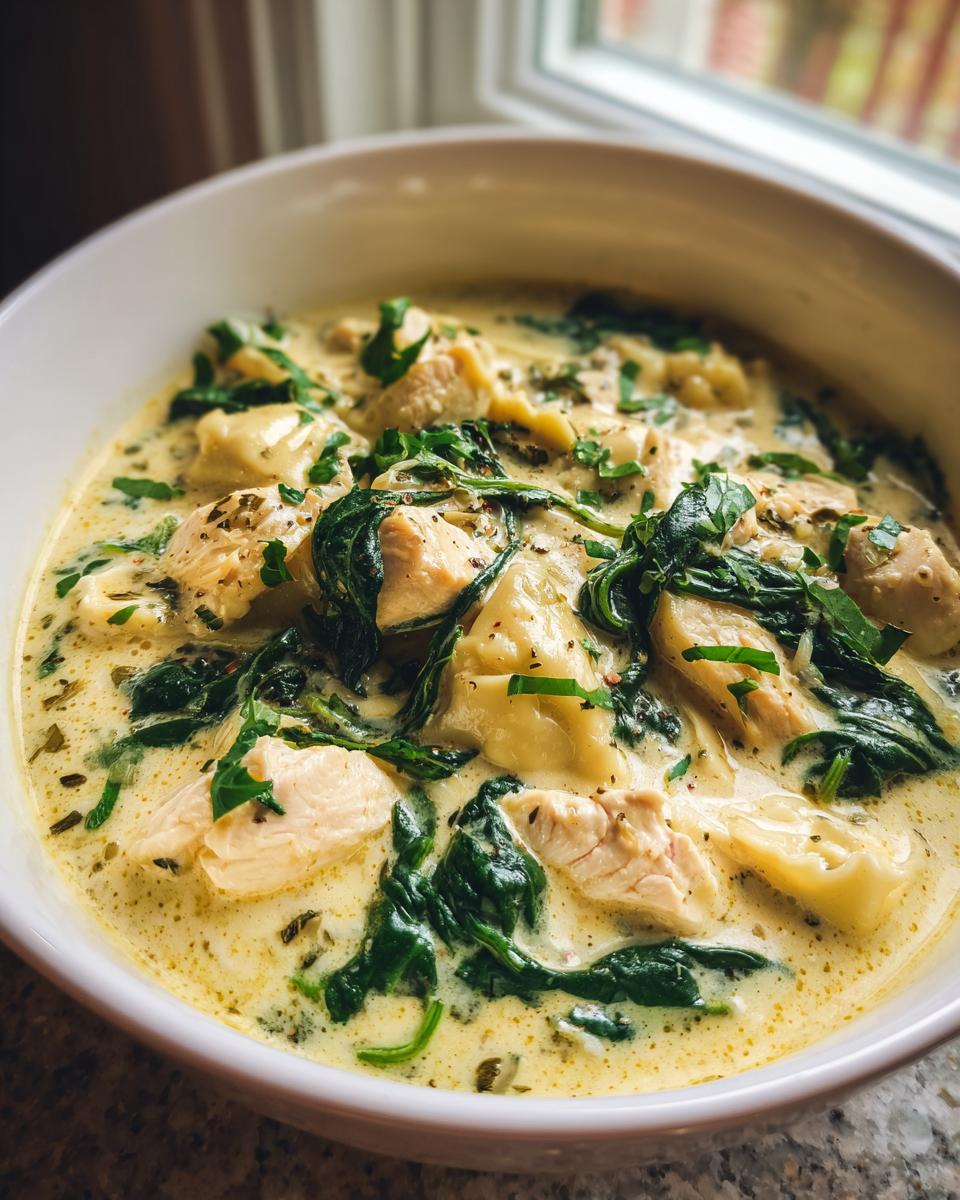 Close-up of a white bowl filled with creamy chicken tortellini soup, featuring chunks of chicken and wilted spinach.