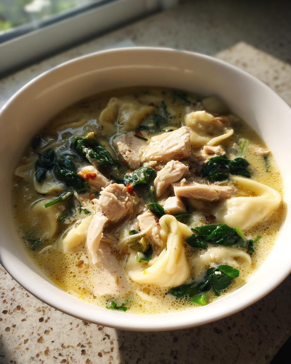 Close-up of a white bowl filled with creamy chicken tortellini soup, featuring chunks of chicken and wilted spinach.